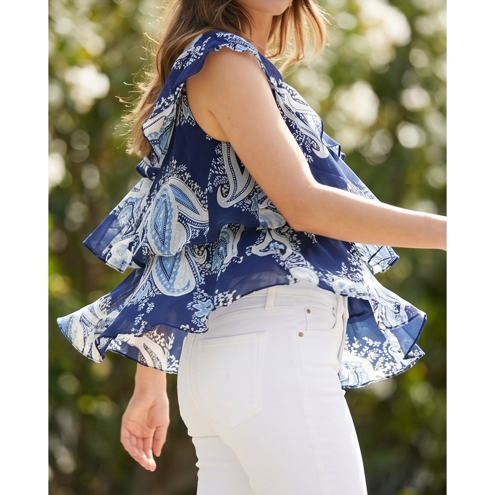 Lane Bryant 22/24 Blue Paisley Tiered Ruffle Chiffon Sleeveless Blouse Plus Size